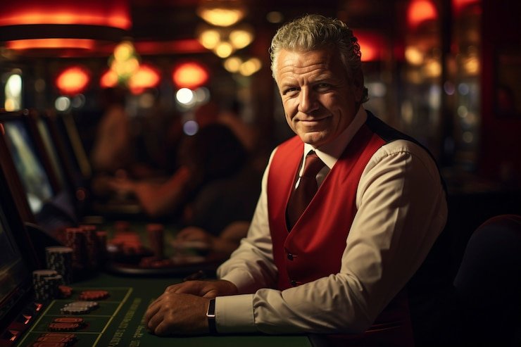 Suasana permainan Casino Hold'em live di studio lotreonline dengan dealer profesional